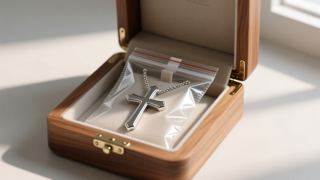 A wooden jewelry box containing a mens large cross necklace stored inside a sealed polyethylene bag with an anti-tarnish strip