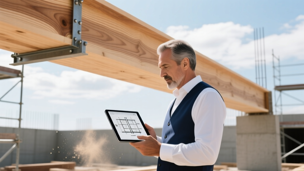 Architect reviewing structural load diagrams on a tablet while inspecting a cross-laminated timber beam on a construction site