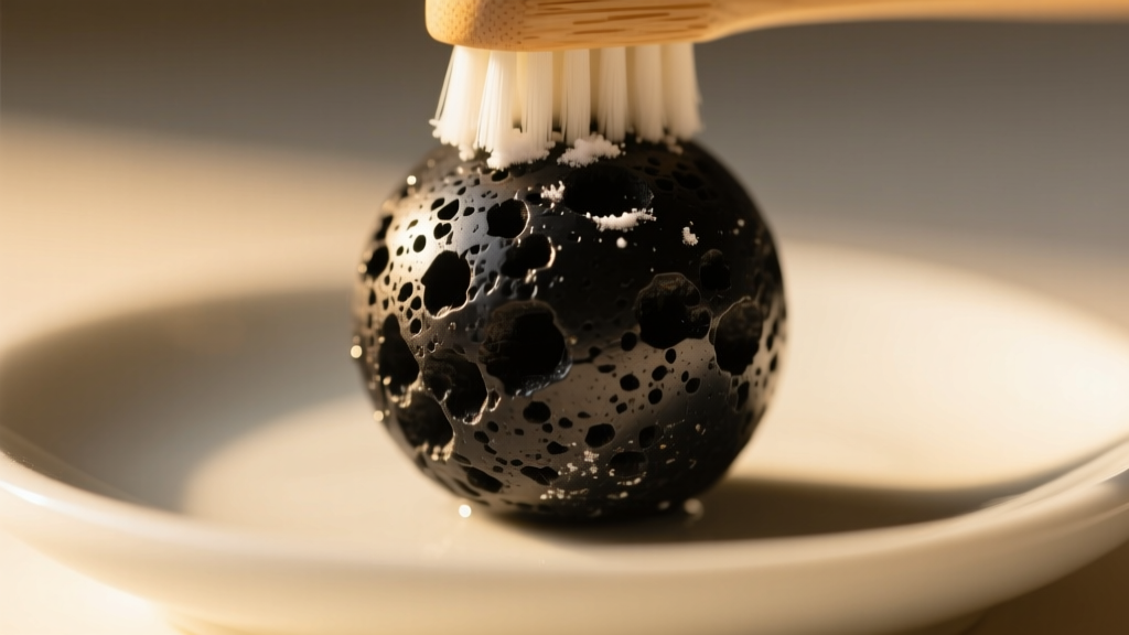 Macro shot of a porous black lava stone bead gently scrubbed with a soft toothbrush and baking soda paste under warm light.