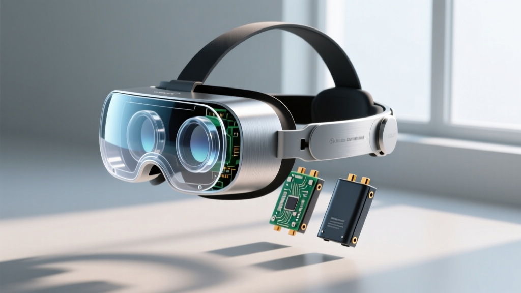 Exploded view diagram of a virtual reality headset highlighting modular components, recycled aluminum chassis, and replaceable battery packs.