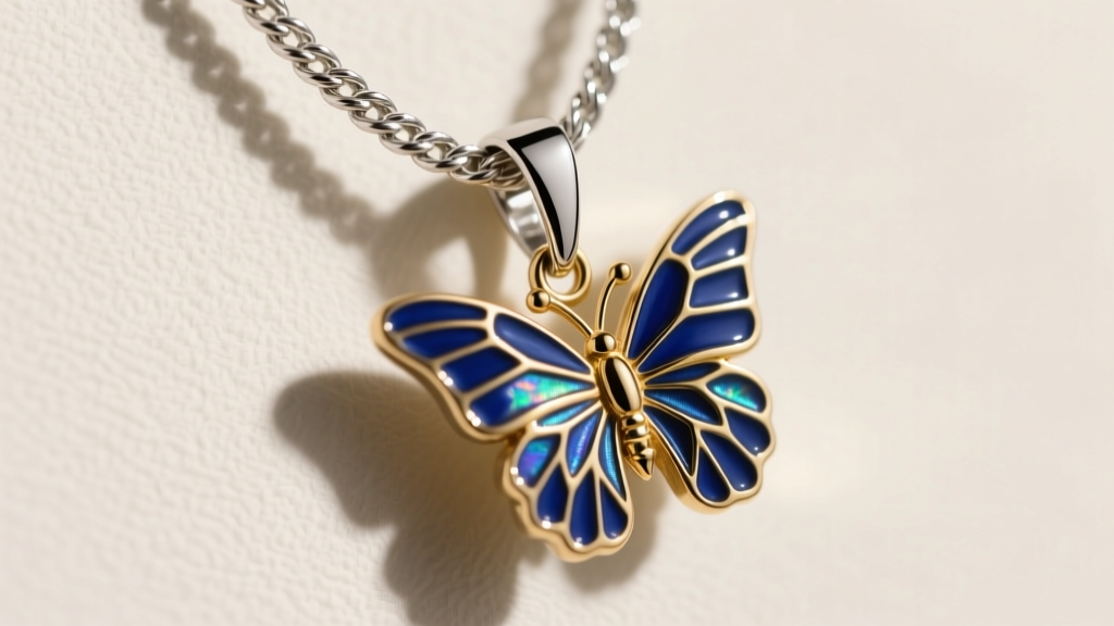 Side profile of a 2mm sterling silver rope chain supporting a heavy enamel butterfly pendant, showcasing a reinforced bail