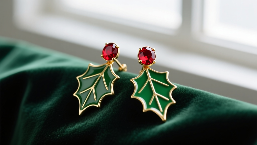 Close-up of mid-century enamel holly leaf clip-on earrings with ruby-red glass cabochons resting on dark green velvet fabric