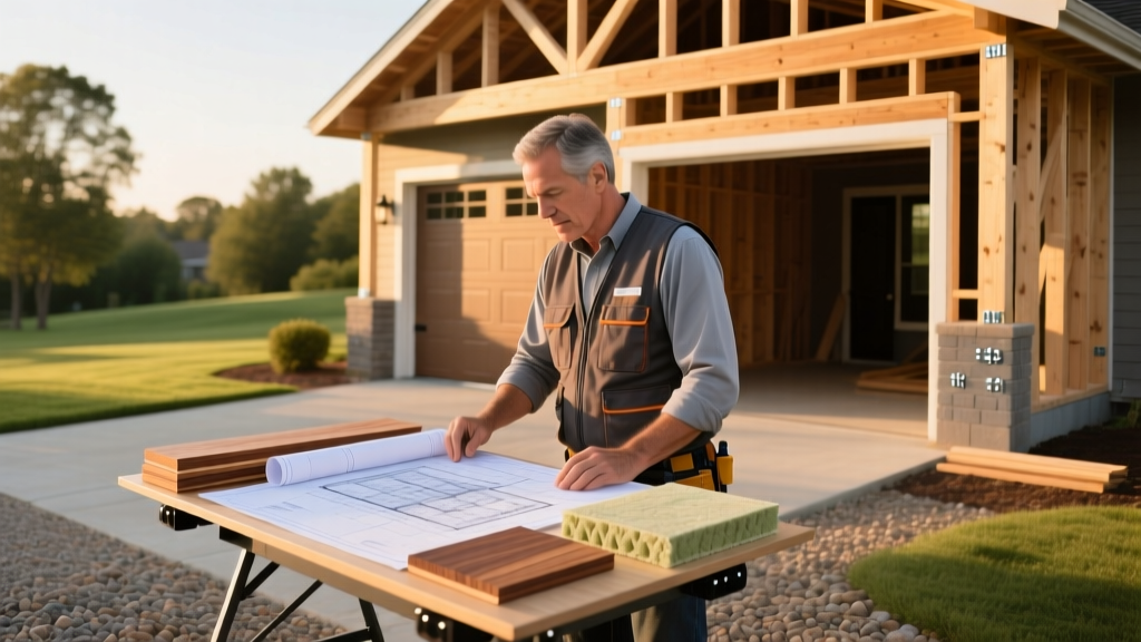 Contractor reviewing blueprints and material samples for a detached two-car wood-frame garage on a residential gravel driveway