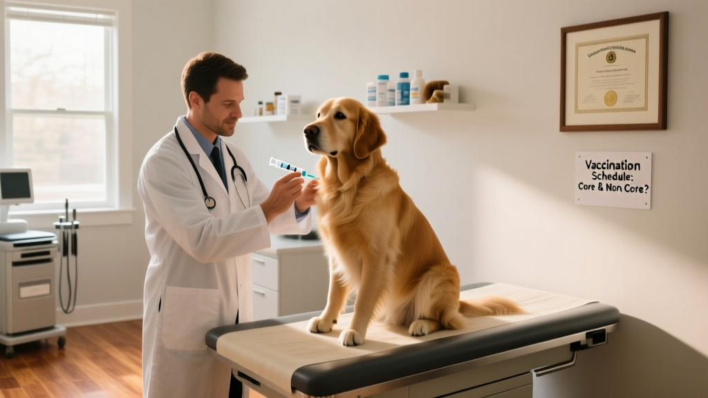 A veterinarian gently administering a vaccine to a calm, seated dog in a clean exam room