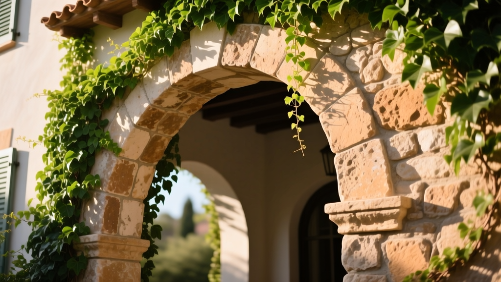 Rustic old world stone veneer with deep mortar joints applied to a Mediterranean-style exterior archway surrounded by climbing ivy