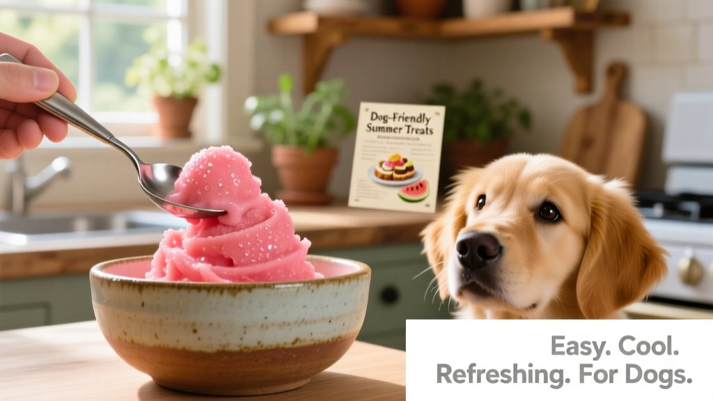 Close-up of vibrant pink watermelon sorbet being scooped with a small dog-friendly spoon into a ceramic bowl