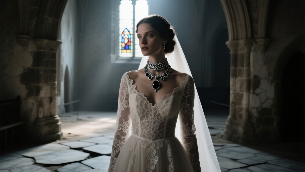 A bride in gothic lace wearing a layered victorian choker necklace with black onyx and silver filigree in moody lighting.