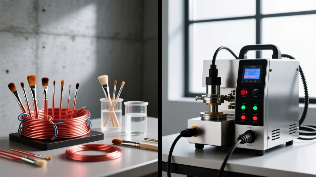 Split view comparing a DIY brush plating kit with copper wires against a professional commercial electroplating rectifier machine.