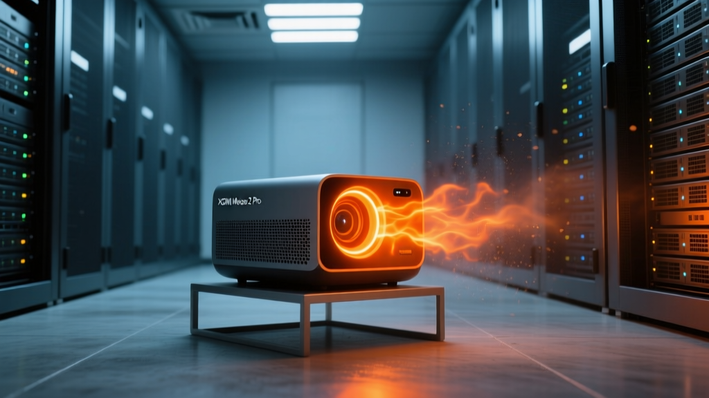 Thermal camera view of XGIMI MoGo 2 Pro projector exhaust vent glowing orange during heavy processing in a hot server room environment