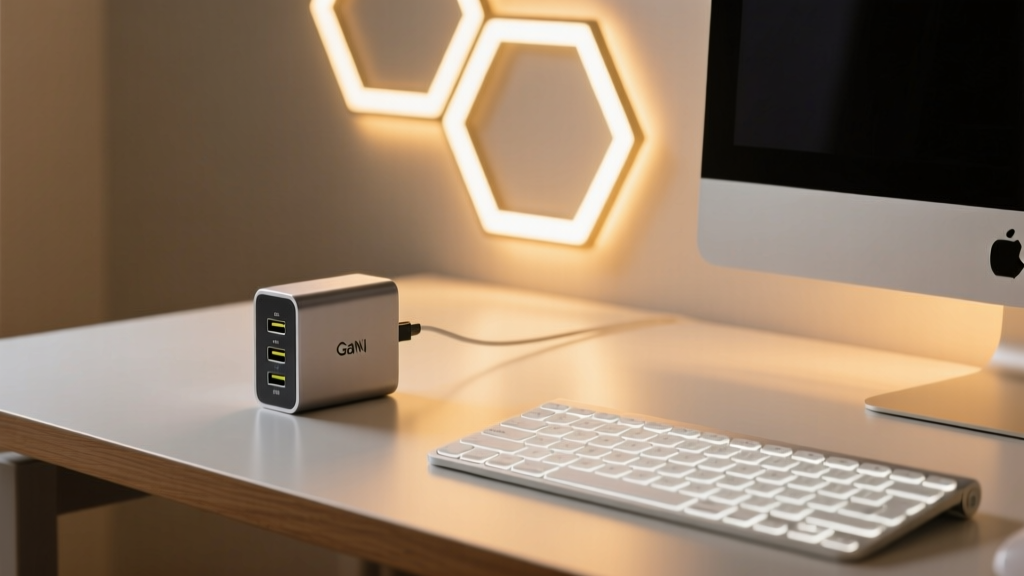A minimalist desk setup featuring a multi-port GaN charger and wireless keyboard illuminated by warm ambient hexagonal wall lights.