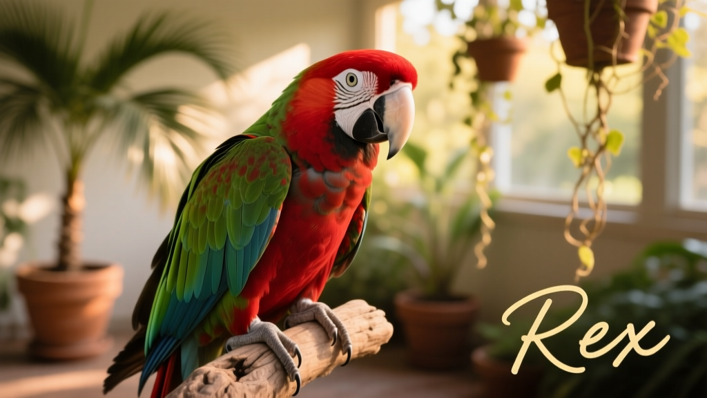 A calm, attentive parrot perched on a hand, gazing directly at the camera—suggesting personality and connection