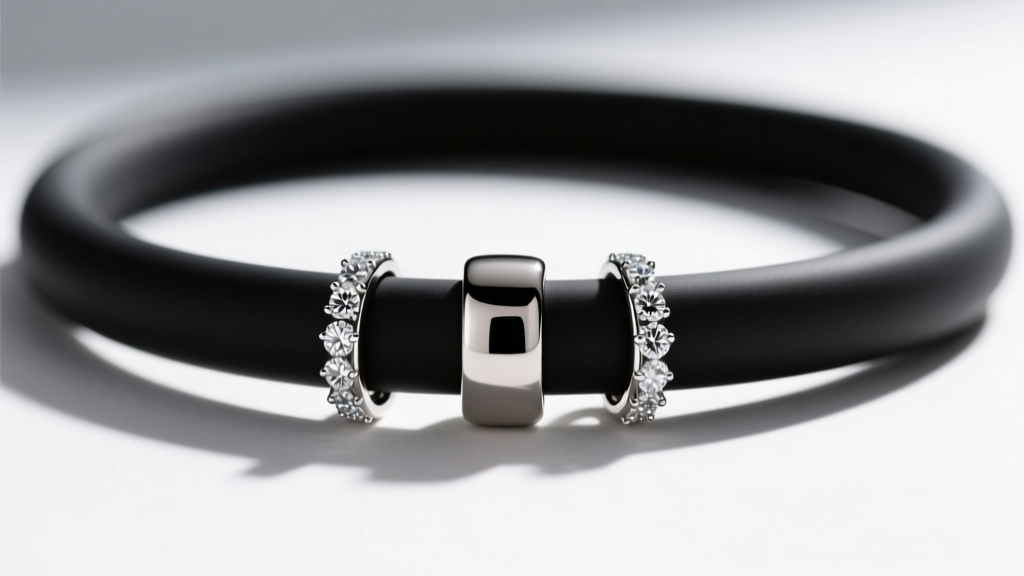 Neck wearing a black silicone cord with a titanium barrel clasp holding two diamond bands, captured in bright natural daylight
