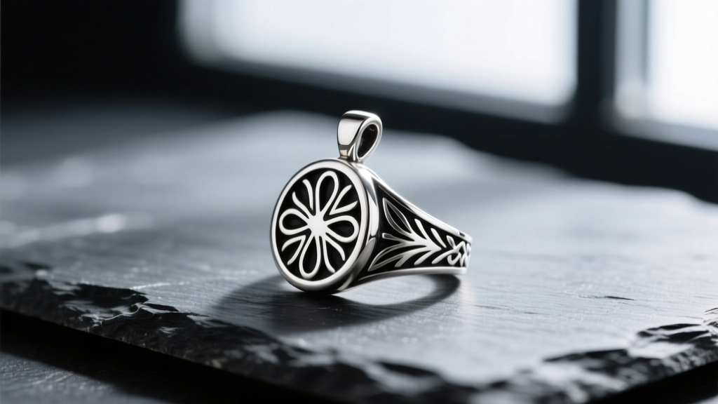 Close-up of a tarnished 925 sterling silver ring pendant on dark slate, highlighting black oxidation in the engraved crevices