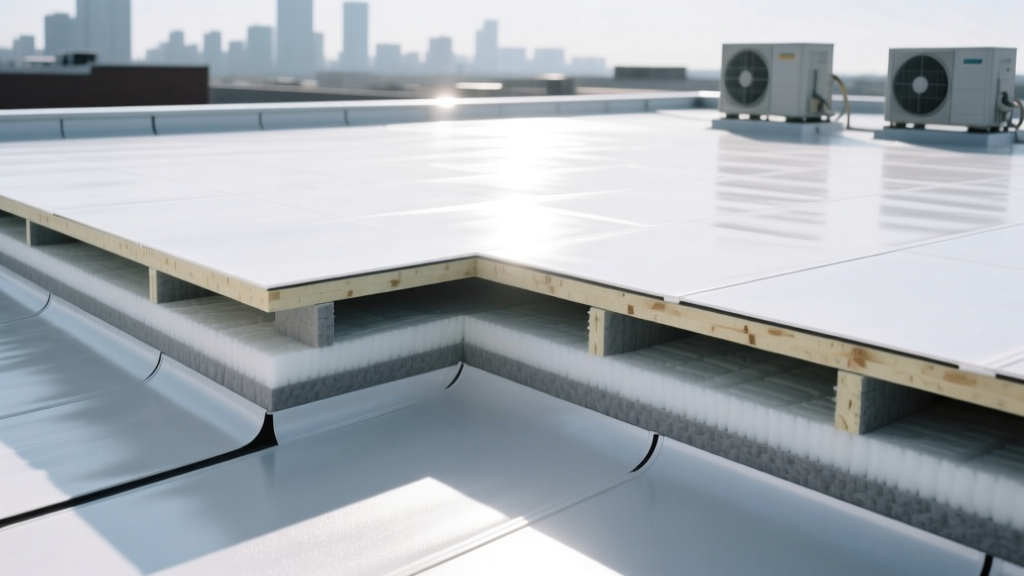 Cross-section of a modern flat commercial roof showing layers of polyiso rigid foam boards and a white TPO membrane under bright sunlight