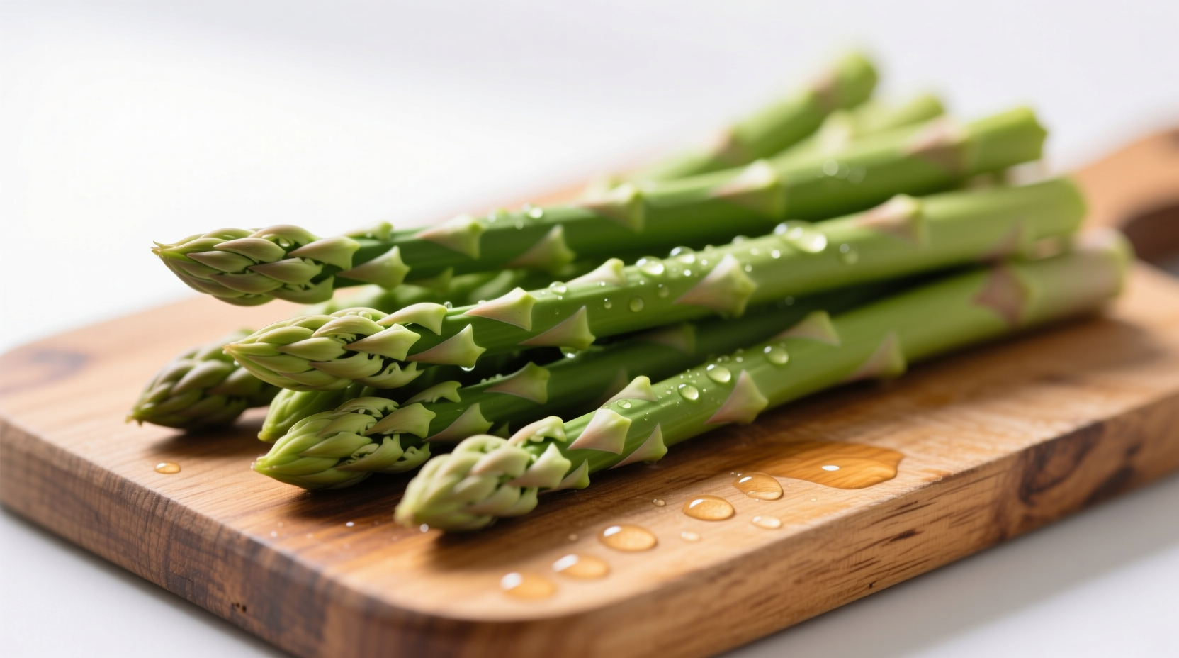 Fresh green asparagus spears on wooden cutting board
