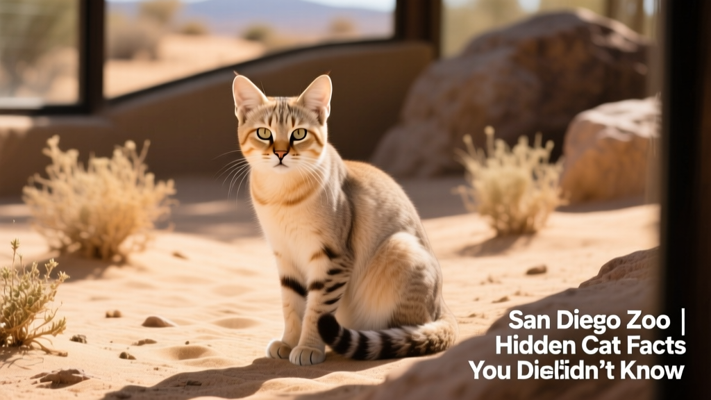 A sand cat sitting alert in a desert-like enclosure with sandy ground and sparse vegetation