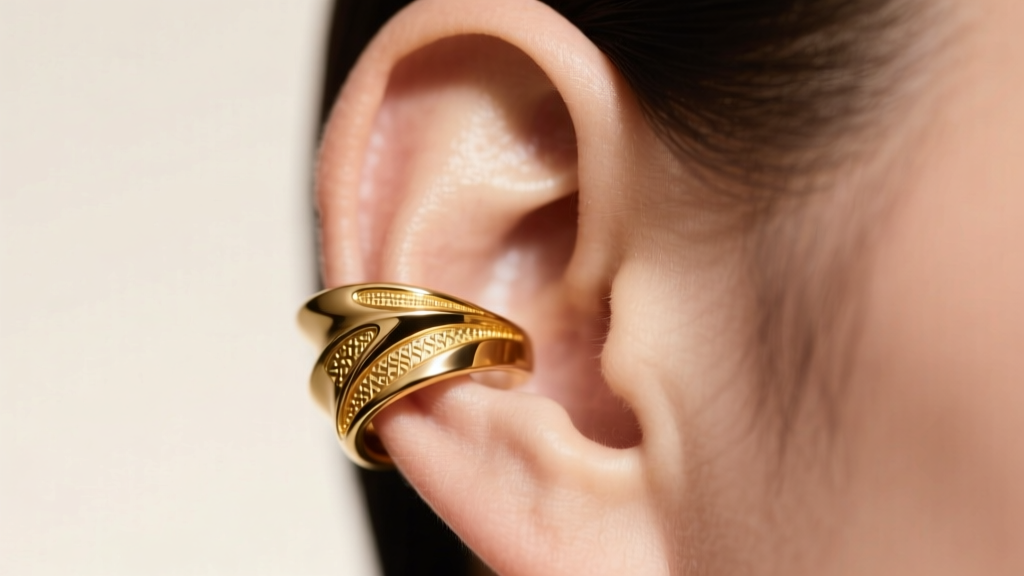 Macro shot of an 18k gold ear jewelry cuff on the upper helix cartilage under soft studio lighting, editorial style.