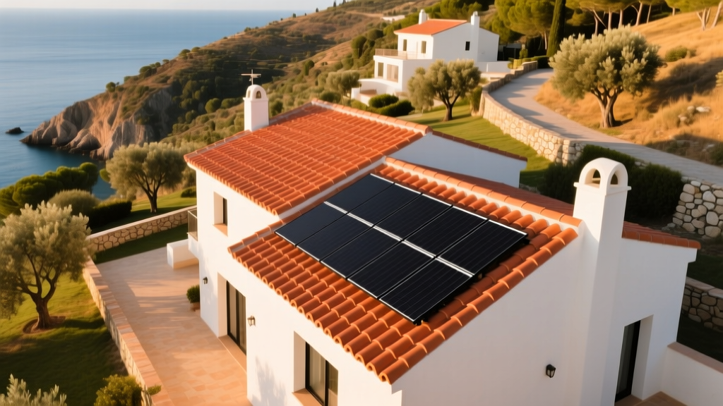 High-angle view of a Mediterranean-style home featuring a newly installed terracotta clay tile roof contrasting with modern solar panels