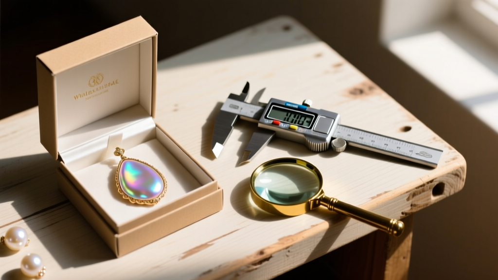 Open wholesale boxes with baroque pearl drops, a digital caliper, and a 10x loupe arranged on a wooden jeweler