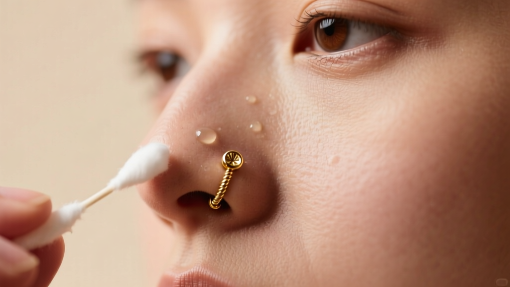 Person gently cleaning a nostril piercing with saline soaked cotton swab, focusing on an internally threaded 16G solid gold stud.