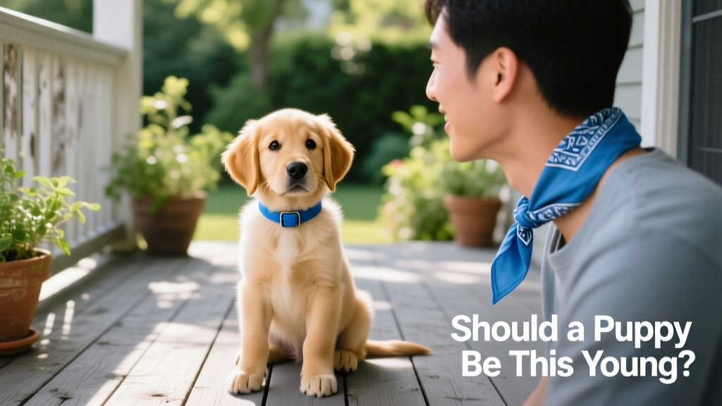 A calm, confident 12-week-old puppy sitting attentively beside their adoptive owner on a sunlit porch, both wearing matching blue bandanas