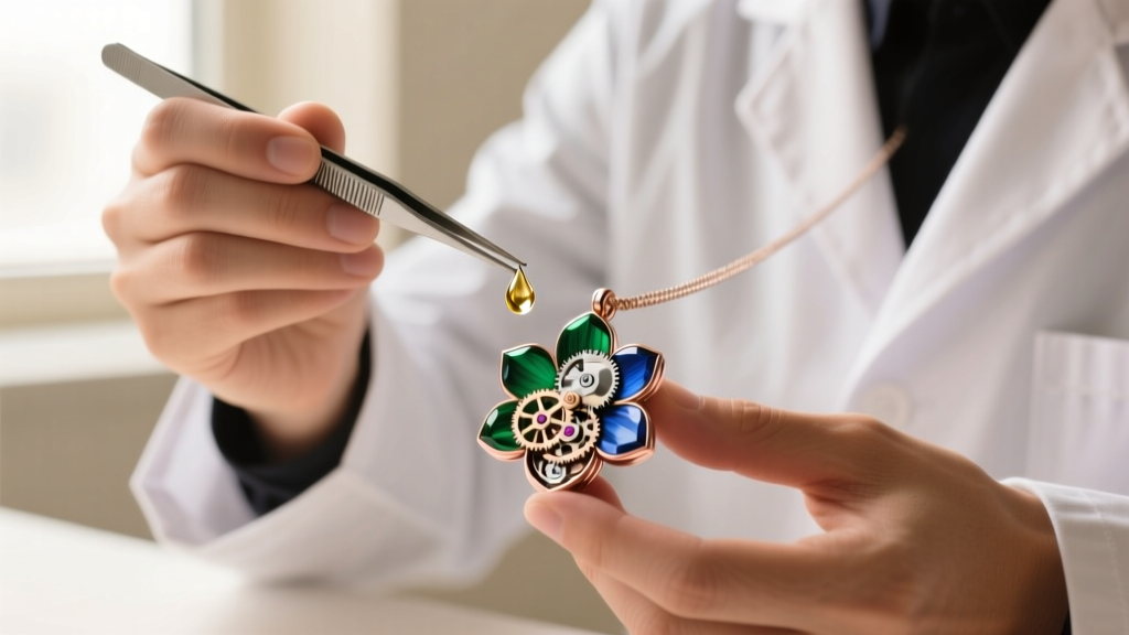 Jeweler using tweezers to apply a micro-drop of synthetic watch oil to the central pin of a disassembled kinetic flower pendant