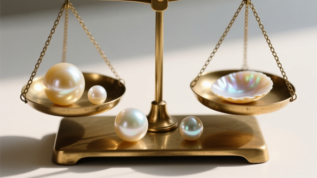 Loose South Sea, Akoya, and Freshwater pearls on a brass scale, showing size, luster, and subtle color variations in soft daylight