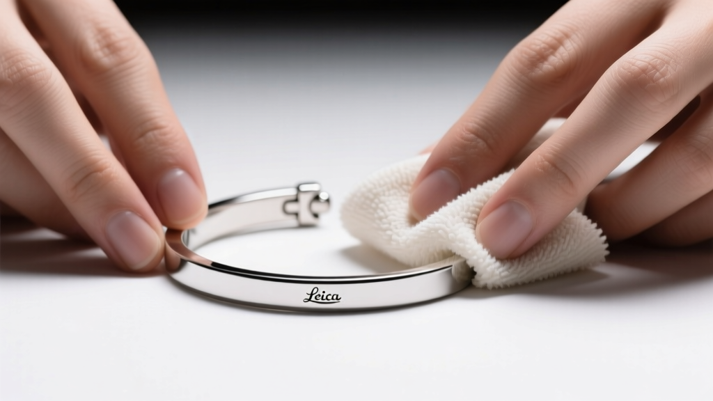 Hands gently rubbing a microfiber cloth over a silver bracelet, carefully avoiding the small stamped hallmarks on the metal clasp.
