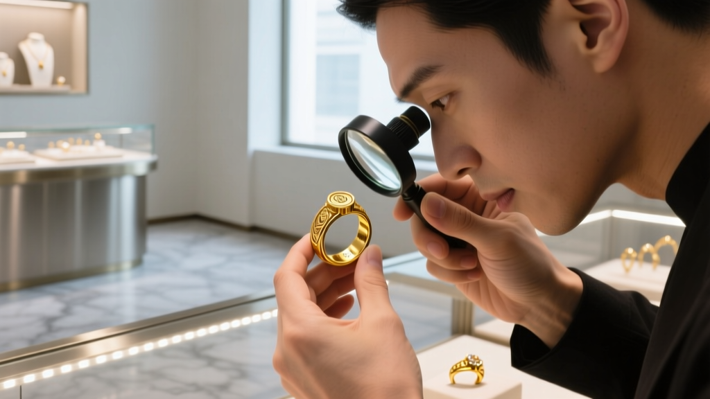 Jeweler using a 10x loupe to inspect a 14k hallmark stamped inside a vintage yellow gold band under bright LED lighting in a shop