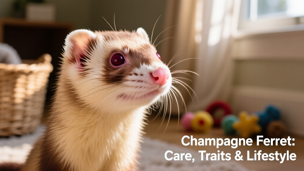 Close-up portrait of a champagne ferret showing its light tan coat, deep burgundy eyes, and pink nose