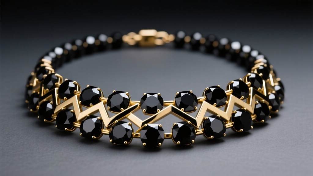 Striking black and gold statement necklace on dark slate, featuring faceted black spinel beads and 18k gold geometric links