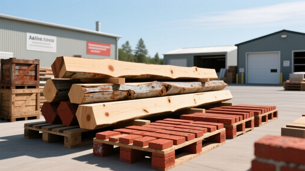 Reclaimed pine beams and salvaged red brick pallets staged at a Maine building materials exchange yard for structural grading