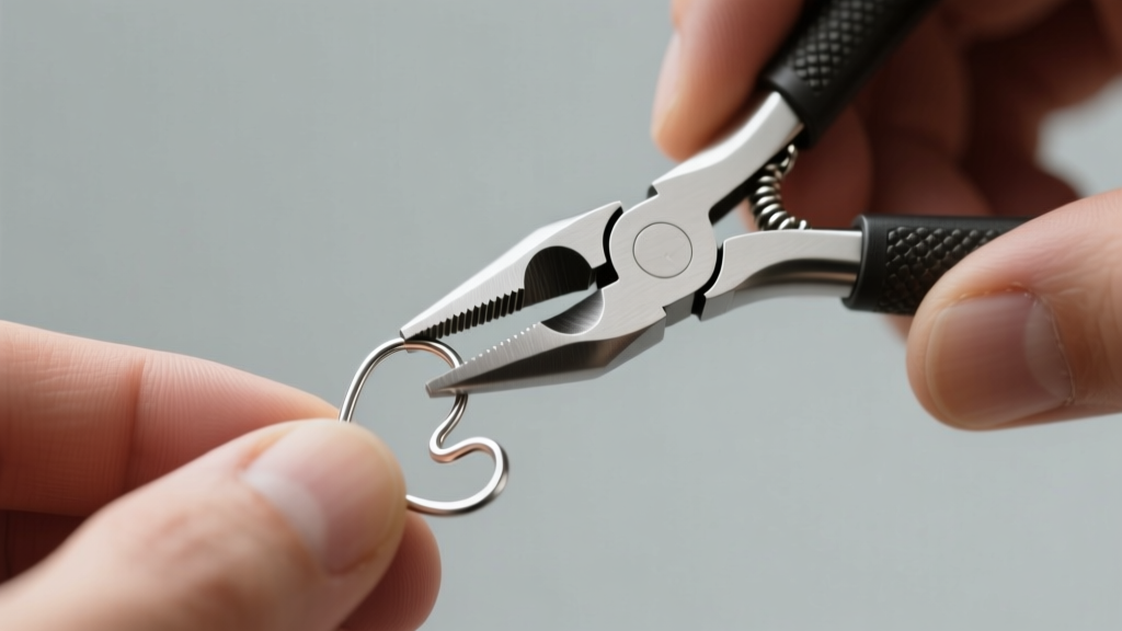 Close-up of hands using Lindstrom chain-nose pliers to bend a 20-gauge Argentium silver ear wire against a soft, grey background