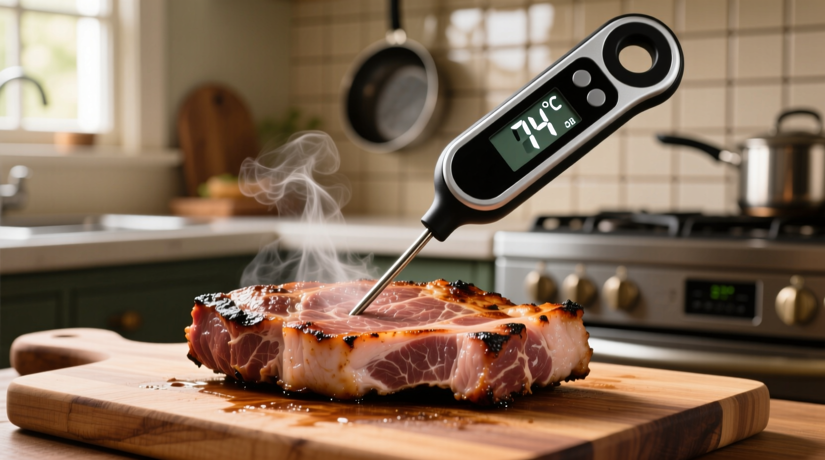 Digital meat thermometer measuring pork temperature