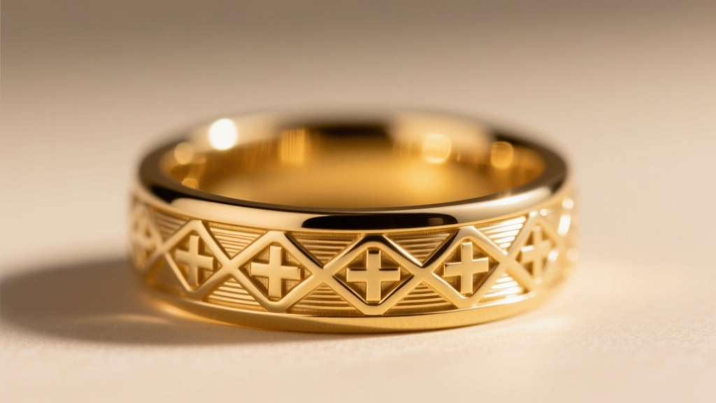 Macro photography of an 18k yellow gold signet ring featuring a pristine hand-cut Florentine cross-hatch engraving pattern.