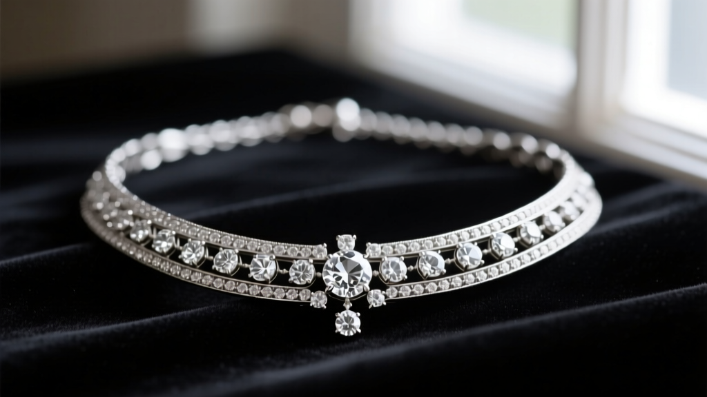 Close-up of an Edwardian platinum vintage wedding necklace with millegrain detailing and old European cut diamonds on dark velvet.