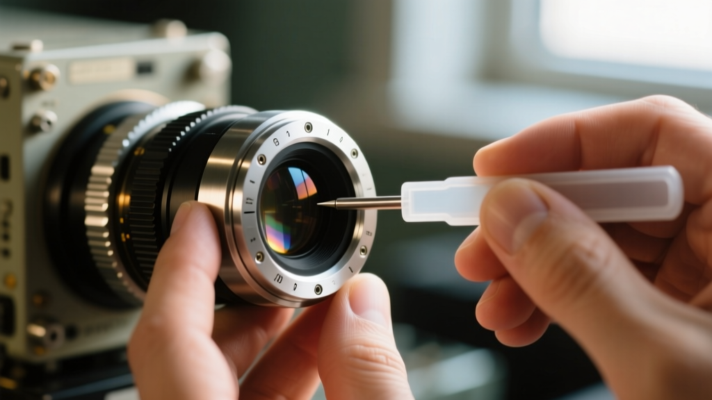 Close-up of a technician carefully adjusting the convergence rings on the neck of a CRT picture tube with a plastic alignment tool.