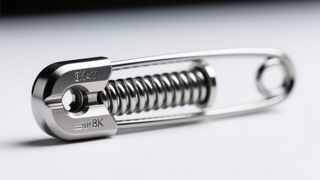 Macro shot of a titanium safety pin clasp, showing the machined locking cap and heavy-duty spring coil in bright studio light.