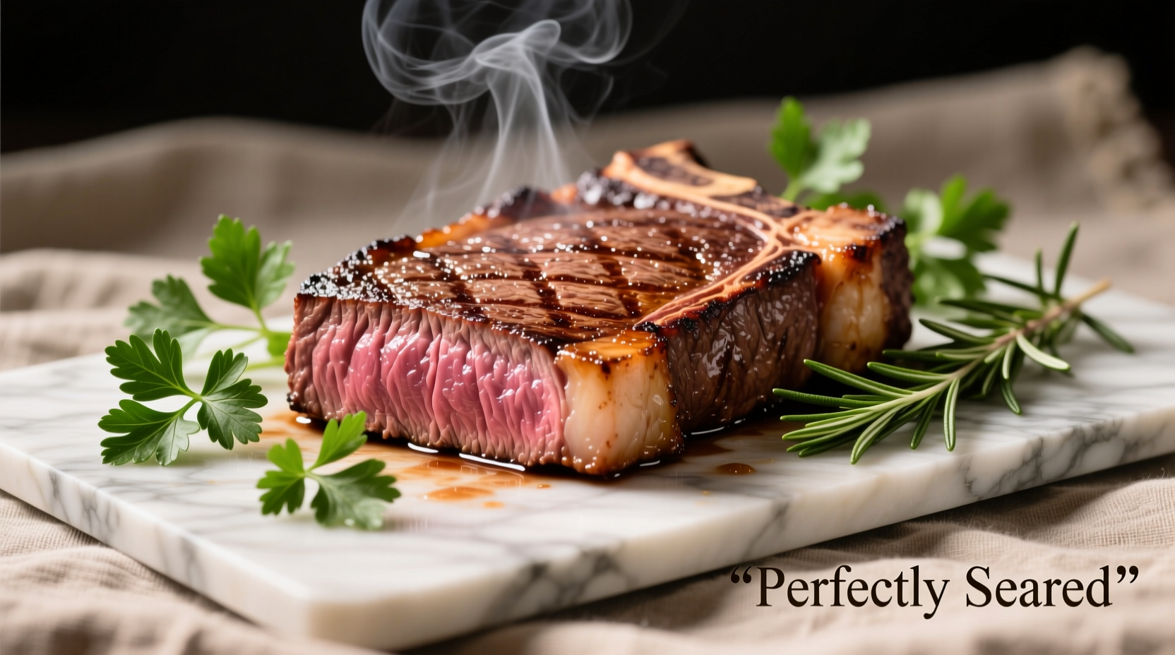 Perfectly seared top sirloin steak with herb garnish