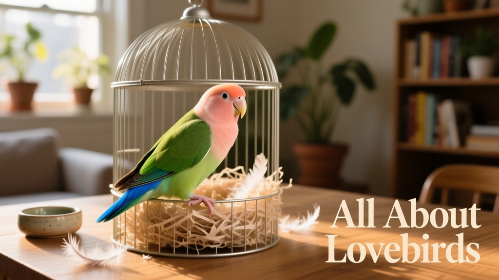 Peach-faced lovebird perched on shredded paper nesting material inside a cage