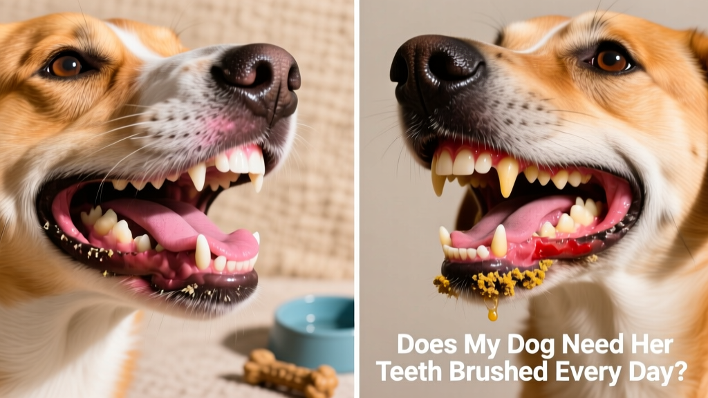 Side-by-side comparison: healthy dog gums vs. inflamed, red, receding gums with visible tartar buildup