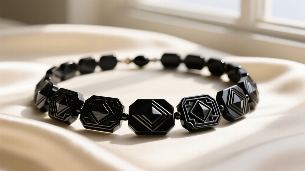 Close-up of a vintage black bakelite necklace with deeply carved geometric Art Deco links resting on cream silk fabric.