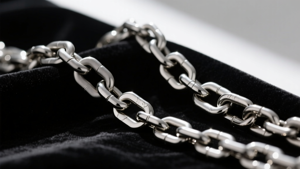 Macro of titanium and stainless steel chains, contrasting matte grey and polished silver finishes on dark velvet fabric.