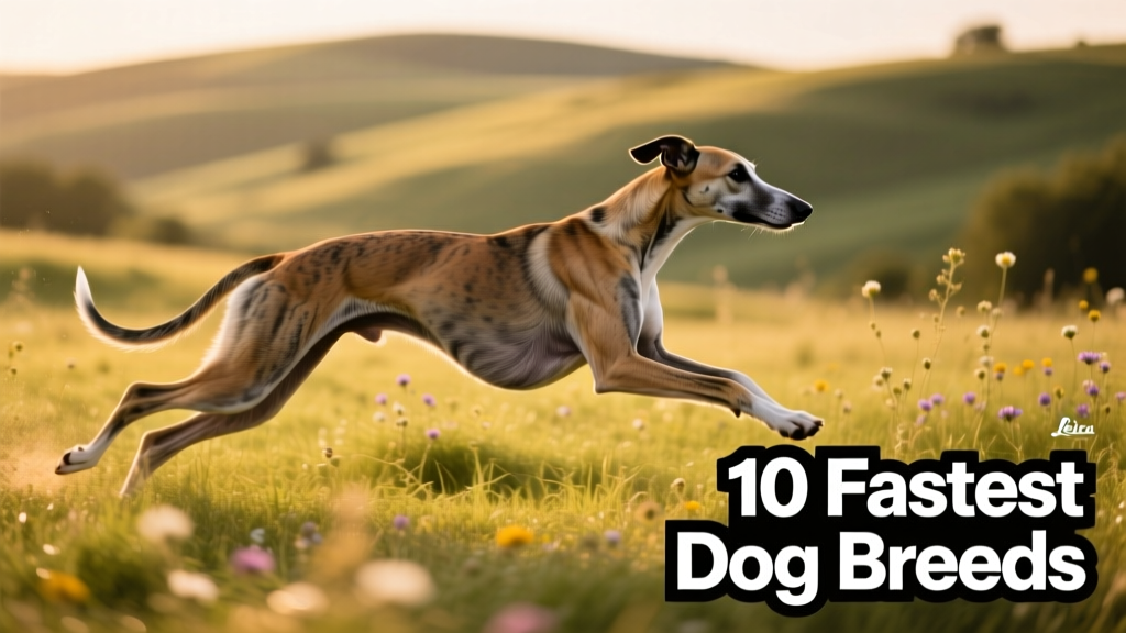 A Greyhound mid-stride on a grassy field, muscles taut and ears back