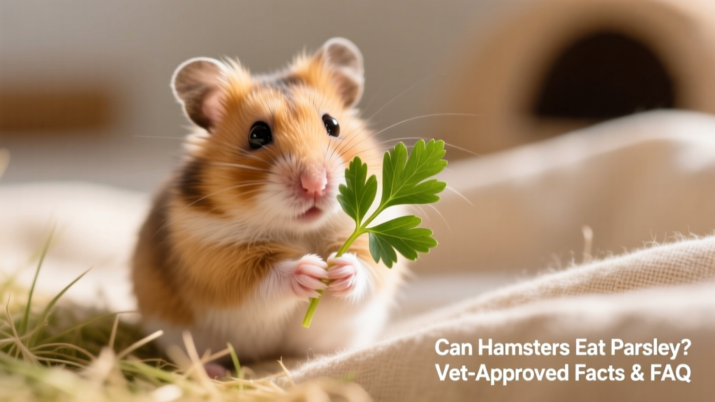Hamster gently holding a small parsley leaf with both front paws, showing natural curiosity and safe interaction