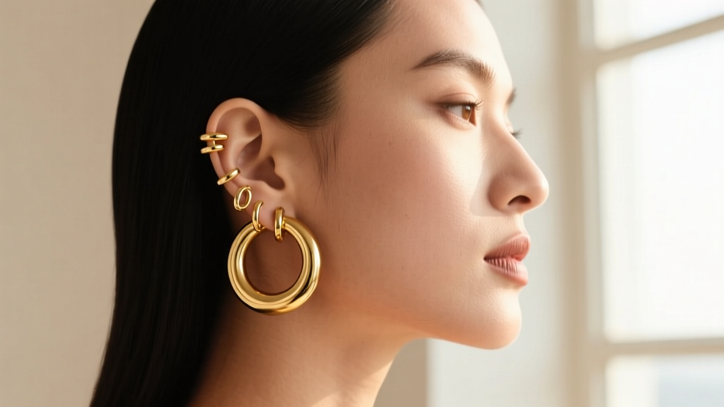 Side profile of a model with a curated ear stack featuring a 20mm gold hoop in the primary lobe and smaller huggies in secondary piercings