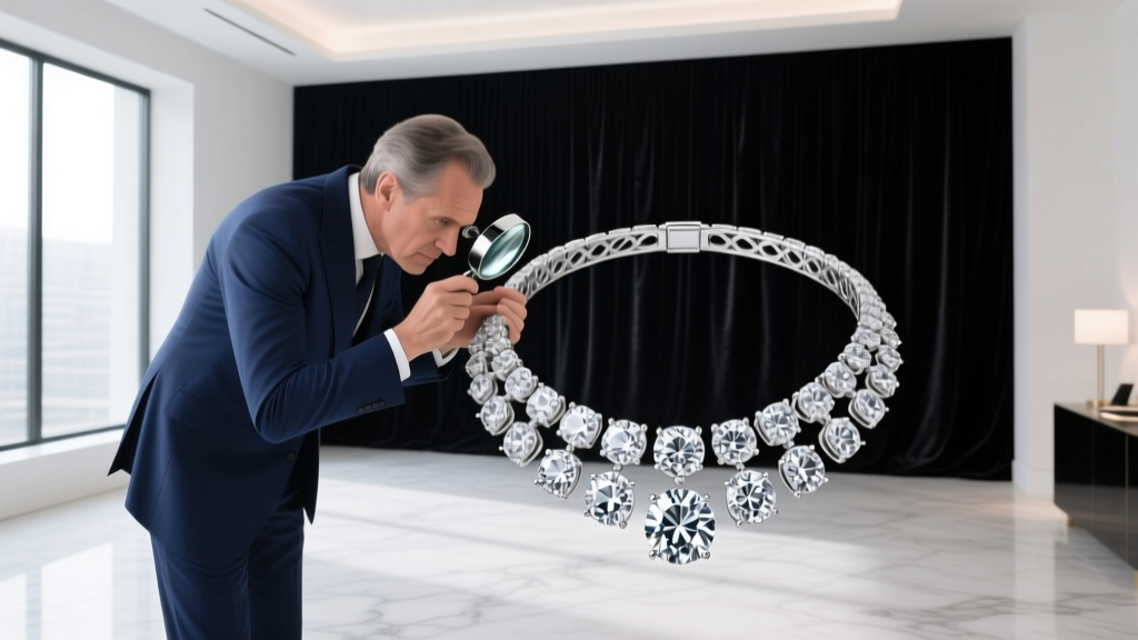 Private viewing room with a gemologist using a loupe to inspect a platinum high-jewelry collar studded with D-flawless diamonds