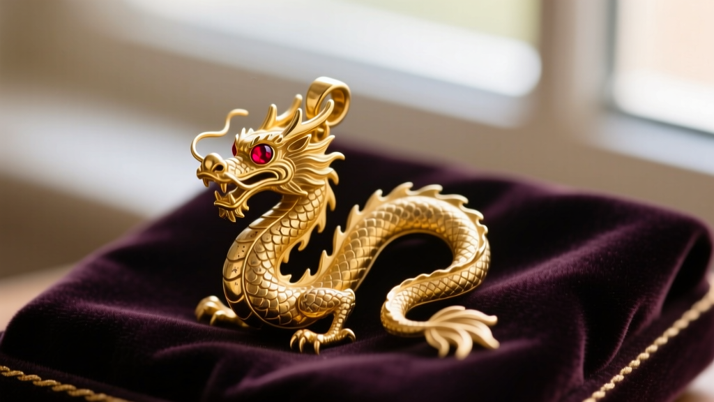 Close-up of a tarnished 14k yellow gold dragon pendant with ruby eyes resting on a dark velvet jewelry polishing cloth.