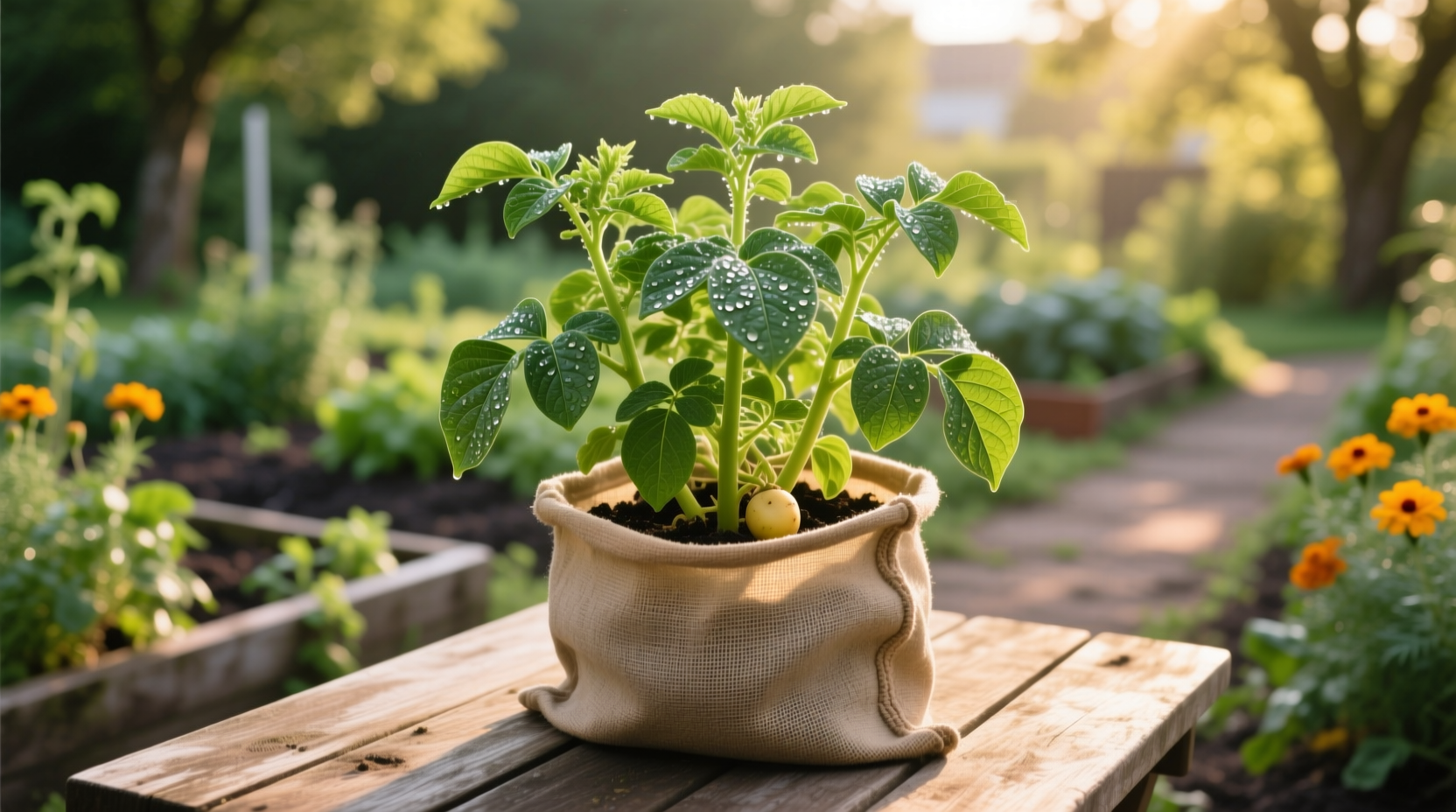 Healthy potato plant growing in fabric container with green foliage