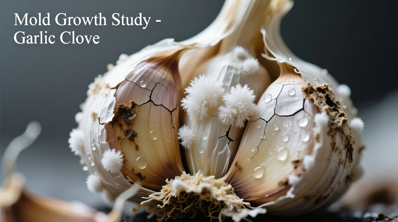 Close-up of moldy garlic cloves showing white fuzzy growth